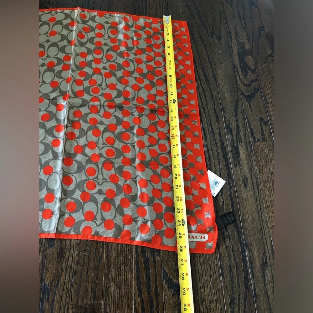 *NWT* COACH Women’s Orange/Tan Signature Logo Polka Dot 100% Silk Square Scarf
